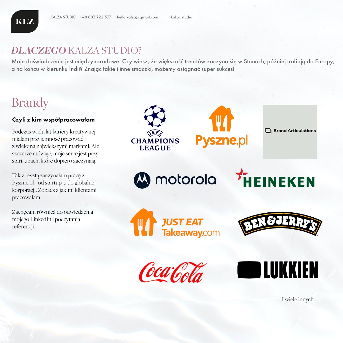 Prezentacja portfolio Kalza Studio z logo firmy, danymi kontaktowymi i opisem doświadczenia, zawierająca logotypy klientów takich jak UEFA Champions League, Pyszne.pl, Motorola, Heineken, Just Eat...