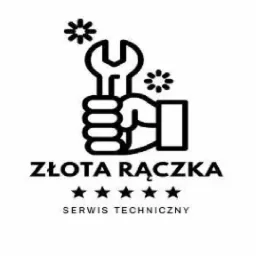 Czarno-białe logo serwisu technicznego 'Złota Rączka' z ręką trzymającą klucz francuski, ozdobione gwiazdkami i ocenione na cztery gwiazdki.