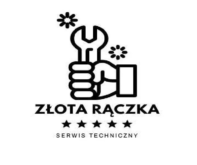 Czarno-białe logo serwisu technicznego 'Złota Rączka' z ręką trzymającą klucz francuski, ozdobione gwiazdkami i ocenione na cztery gwiazdki.