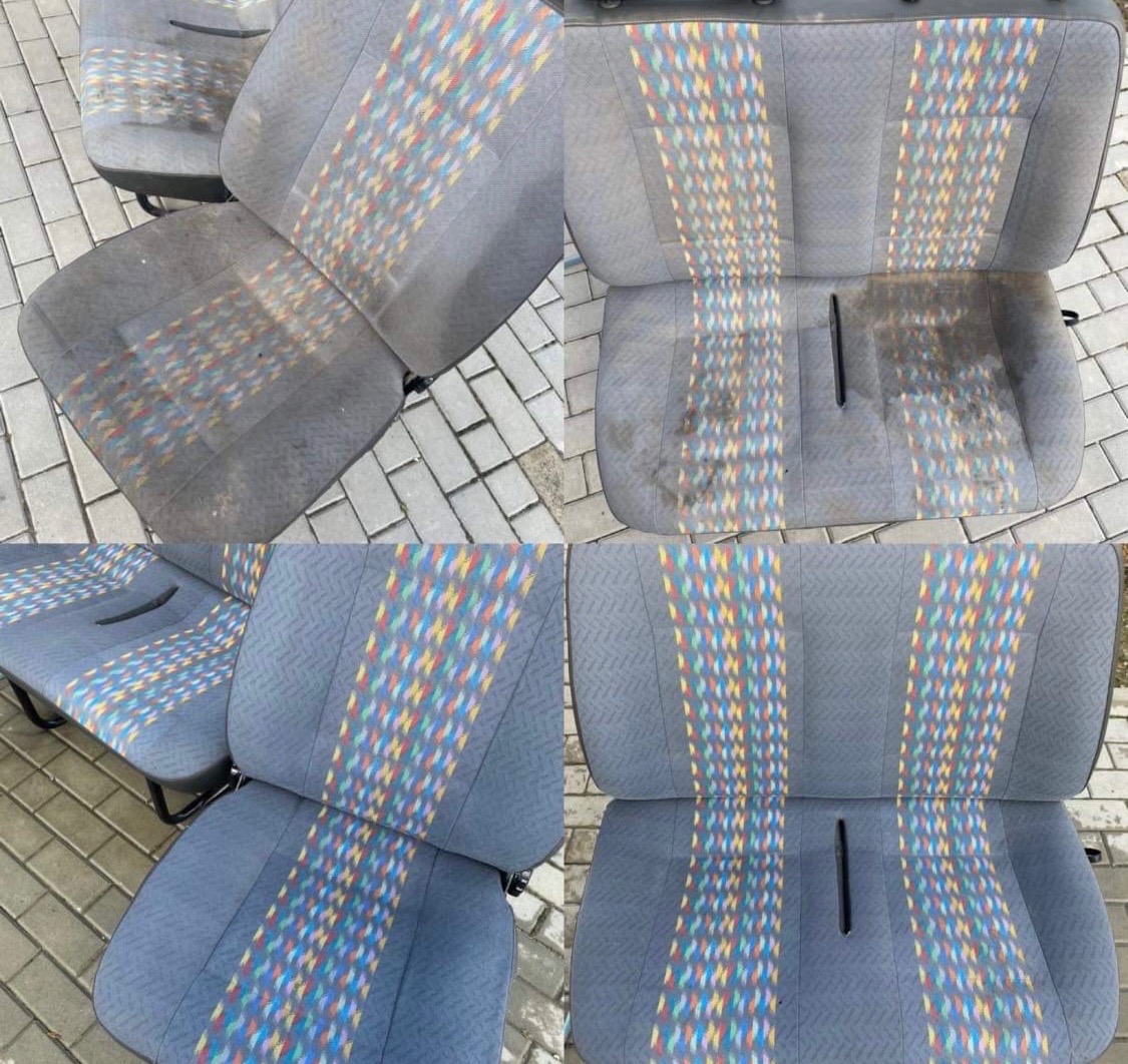 Tapicerka samochodowa z szarego materiału w kolorowe wzory, widoczne różnice w czystości przed i po czyszczeniu na różnych częściach siedzeń.