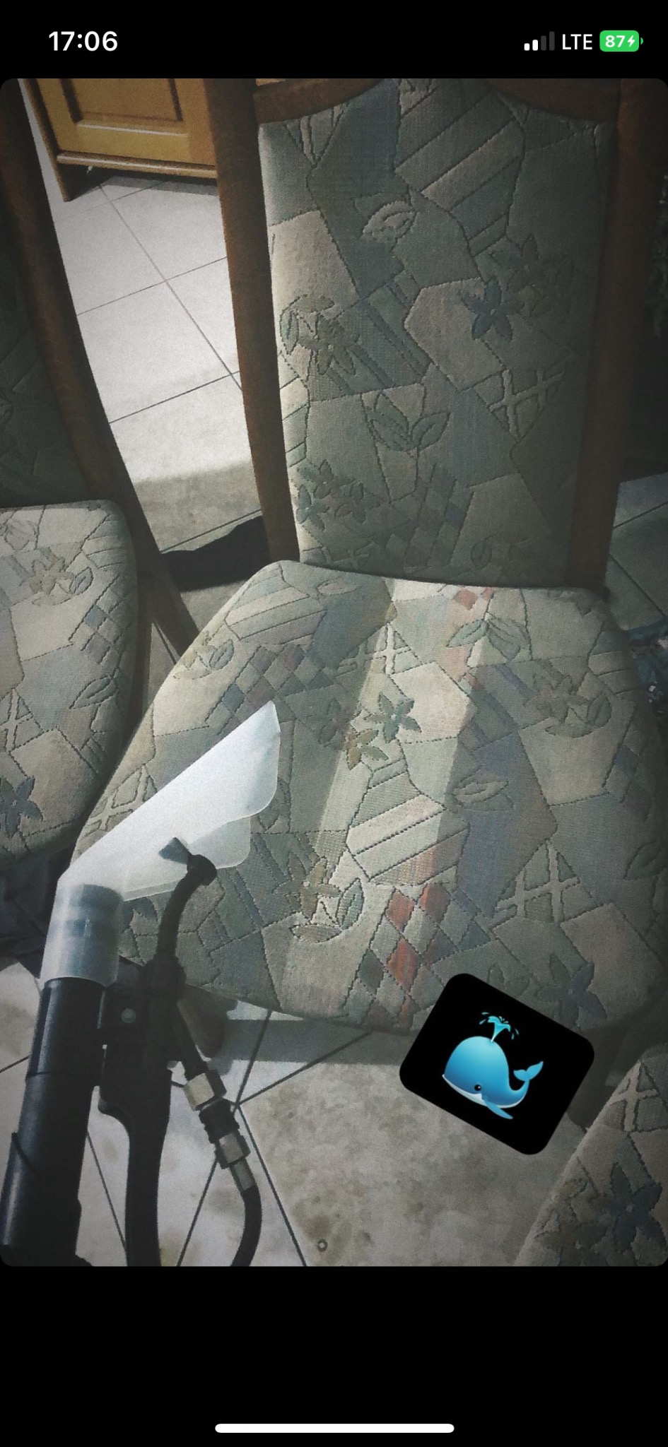 Czyszczenie tapicerowanego krzesła z wzorem kwiatowym za pomocą odkurzacza piorącego z przezroczystą końcówką, widoczne detale węża i złączki