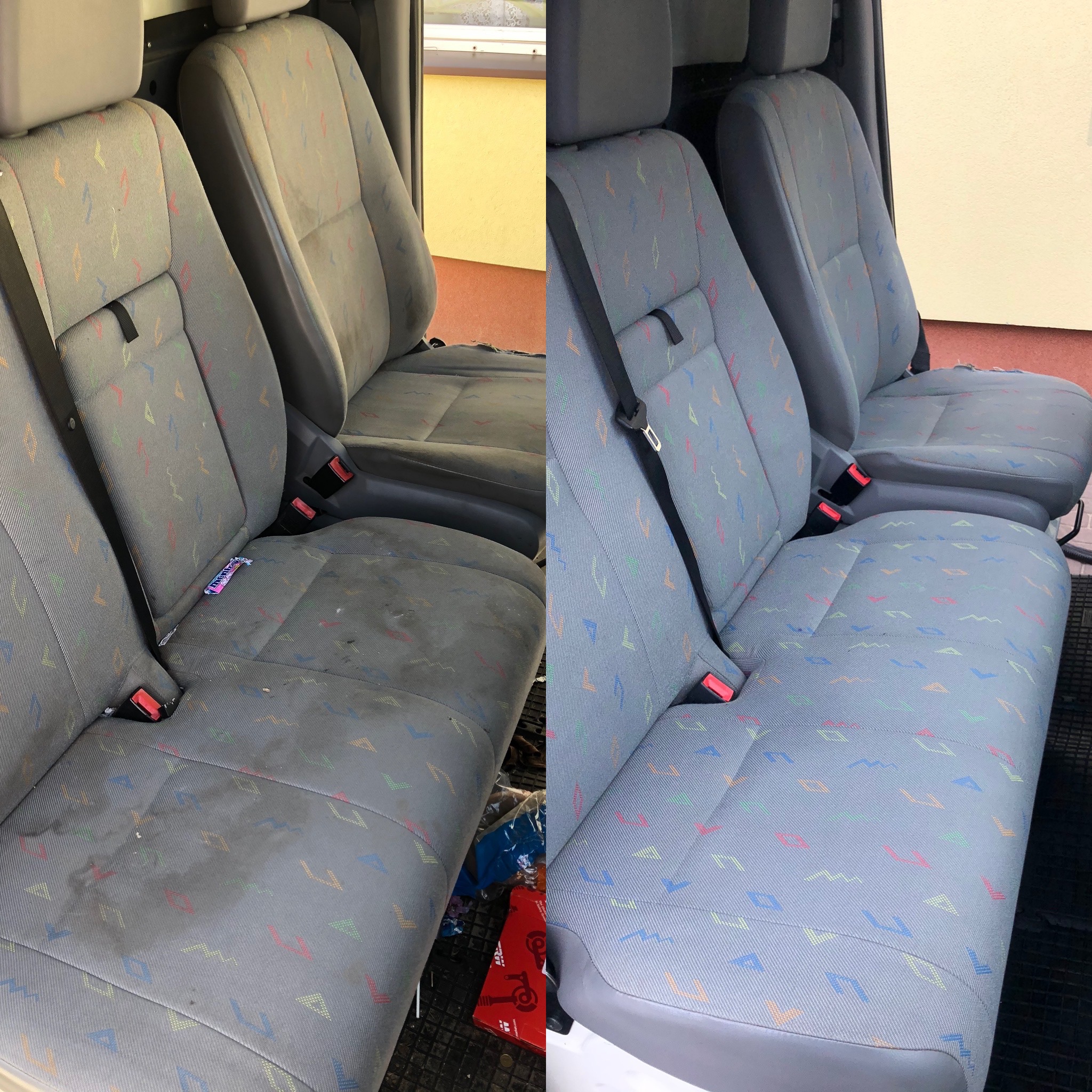 Porównanie foteli samochodowych przed i po praniu, widoczne różnice w czystości i usunięciu plam na tapicerce z kolorowym wzorem.