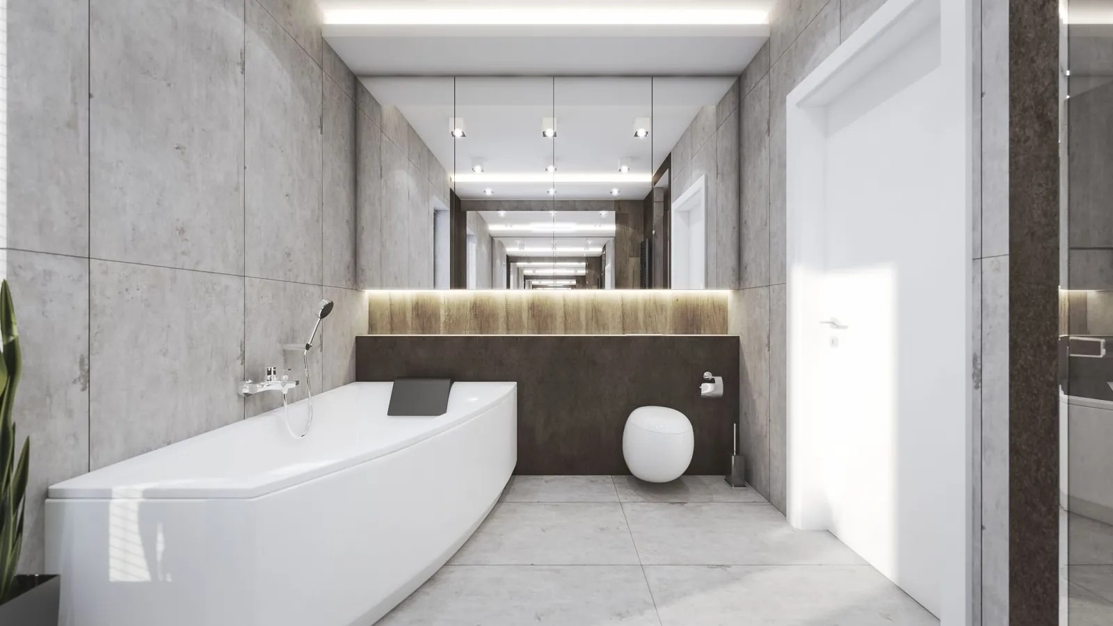 Nowoczesna łazienka z wanną, umywalką i dużym lustrem tworzącym iluzję głębi, wykończona płytkami imitującymi beton w odcieniach szarości.