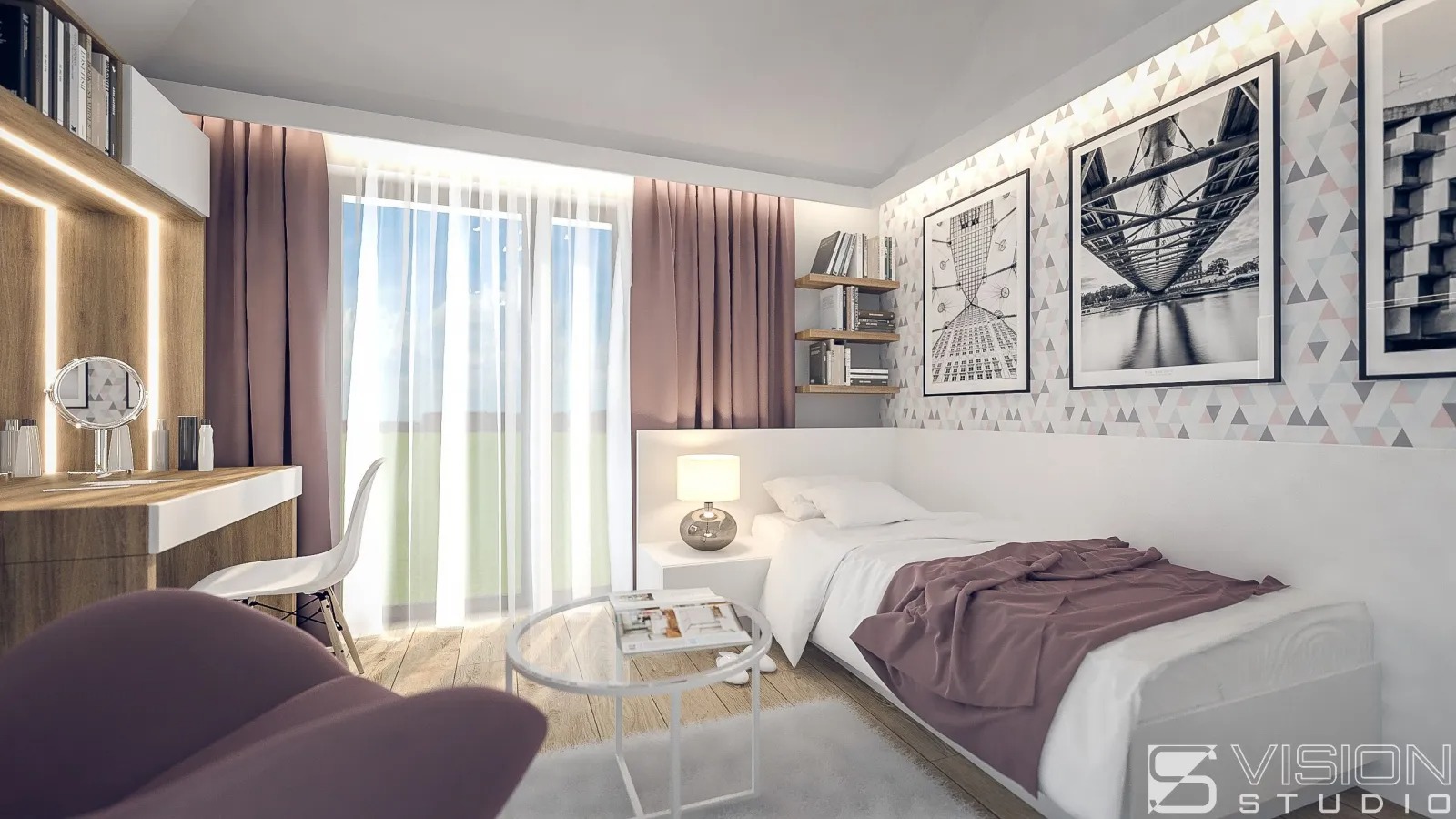 Jasna sypialnia z łóżkiem, toaletką z oświetleniem LED i stolikiem kawowym na puszystym dywanie, dekorowana grafikami na ścianie w geometryczne wzory.