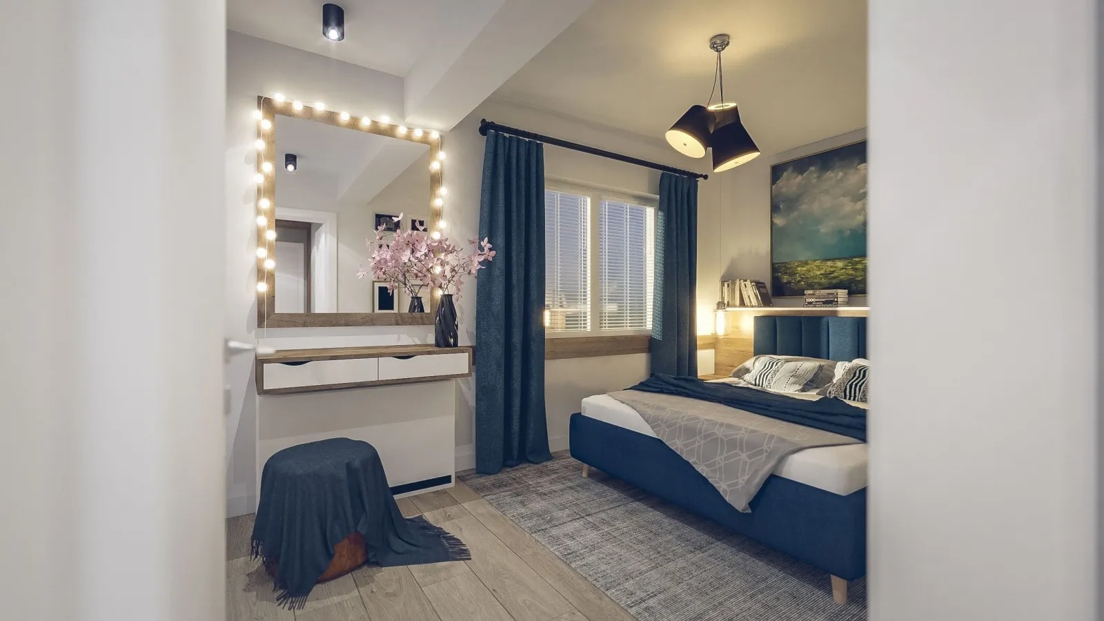 Sypialnia w Krakowie z toaletką podświetlaną girlandą żarówek, kwiatami w wazonie i niebieskimi zasłonami.