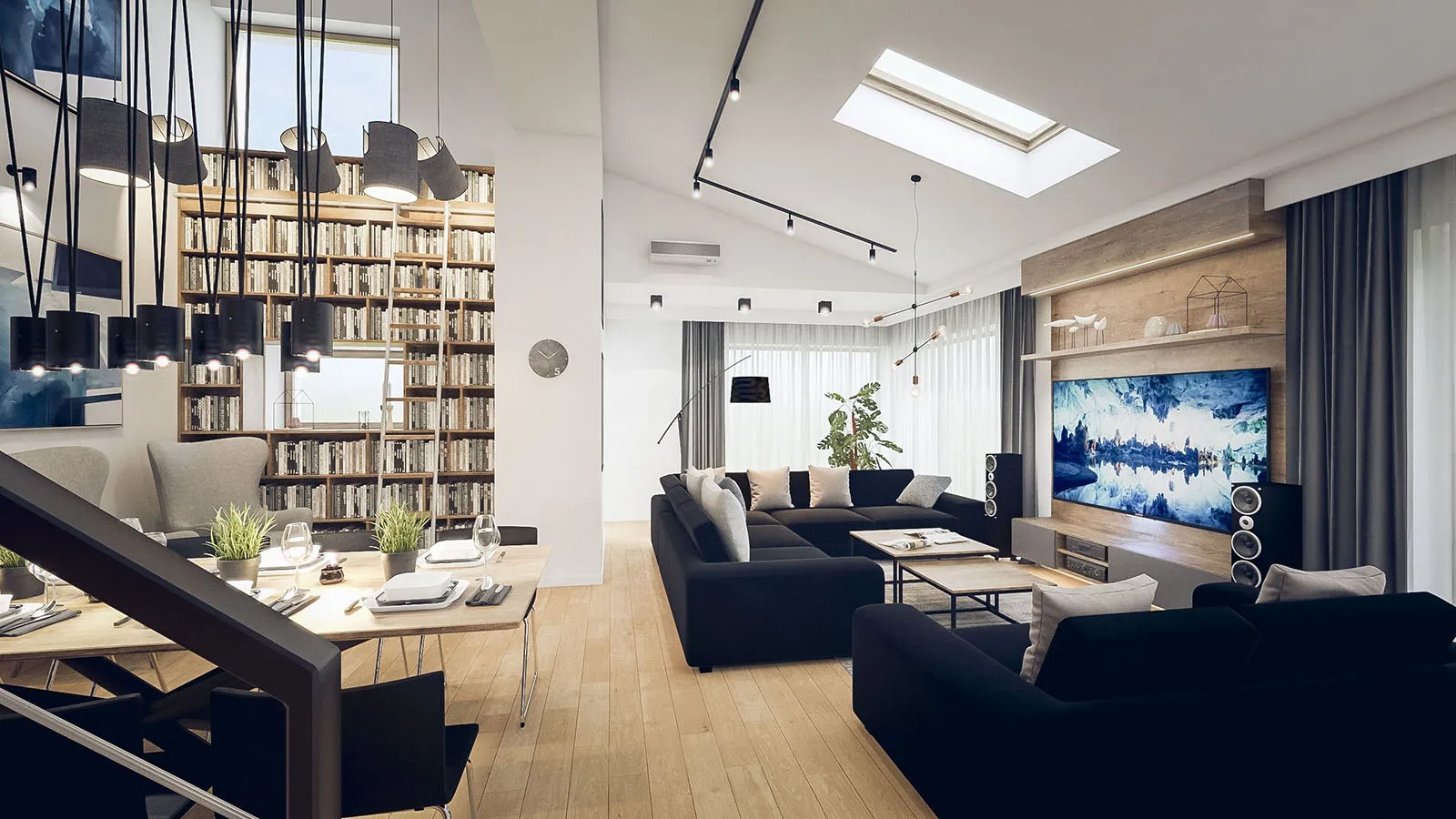 Przestronny salon z biblioteczką na całą ścianę, czarnym narożnikiem, drewnianym stołem jadalnym i nowoczesnym oświetleniem punktowym.