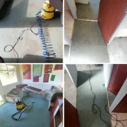 Porównanie stanu dywanu przed i po czyszczeniu: po lewej stronie widoczny dywan z odkurzaczem piorącym i napisem 'PRZED', po prawej czysty dywan z napisem 'PO', ukazujący efekt wykonanej usługi.