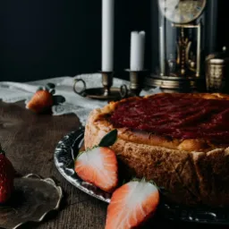 Stylizowany tort truskawkowy z polewą na srebrnej paterze, sfotografowany w Ożarowie Mazowieckim, z antycznym zegarem pod szklanym kloszem i świecami w tle, tworzący nostalgiczną kompozycję.