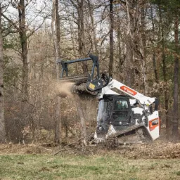 Gąsienicowa maszyna z frezarką do pni marki Bobcat w trakcie karczowania drzew w lesie, wyrzucająca wióry drzewne.