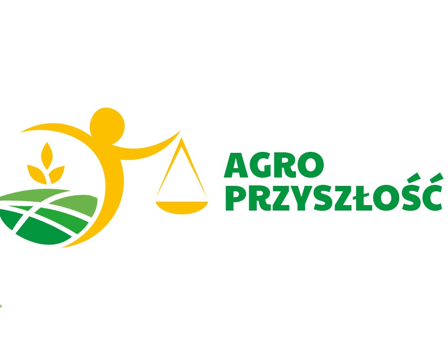 Logo Agro Przyszłość: stylizowana postać trzymająca wagę nad zielonym polem z rośliną, obok napis Agro Przyszłość.