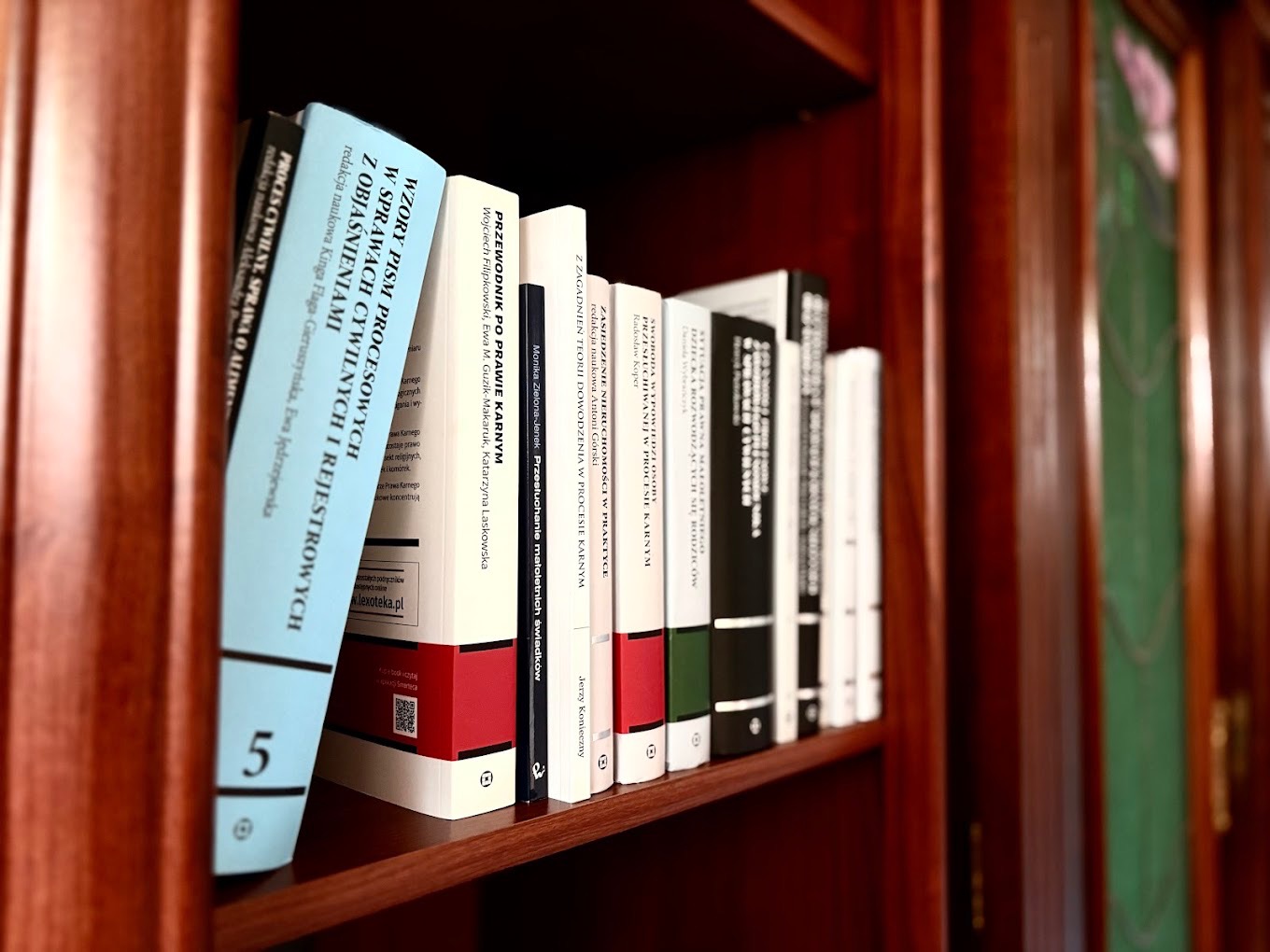 Rząd książek prawniczych w drewnianym regale, z bliska widoczne tytuły i autorzy, oświetlenie podkreśla detale okładek i grzbietów.