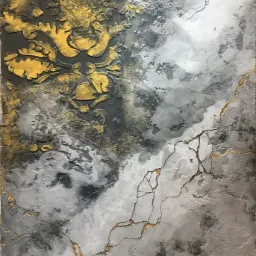 Dekoracyjna ściana z fakturą imitującą marmur i złotymi żyłkami, w górnej części ozdobny, złoty ornament.