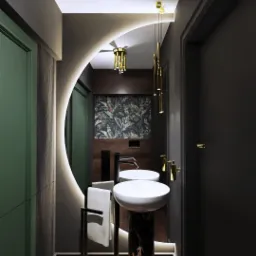 Nowoczesna łazienka z okrągłym lustrem podświetlanym LED, umywalką na postumencie z czarnego marmuru, złotymi lampami wiszącymi i tapetą w tropikalne liście w tle.