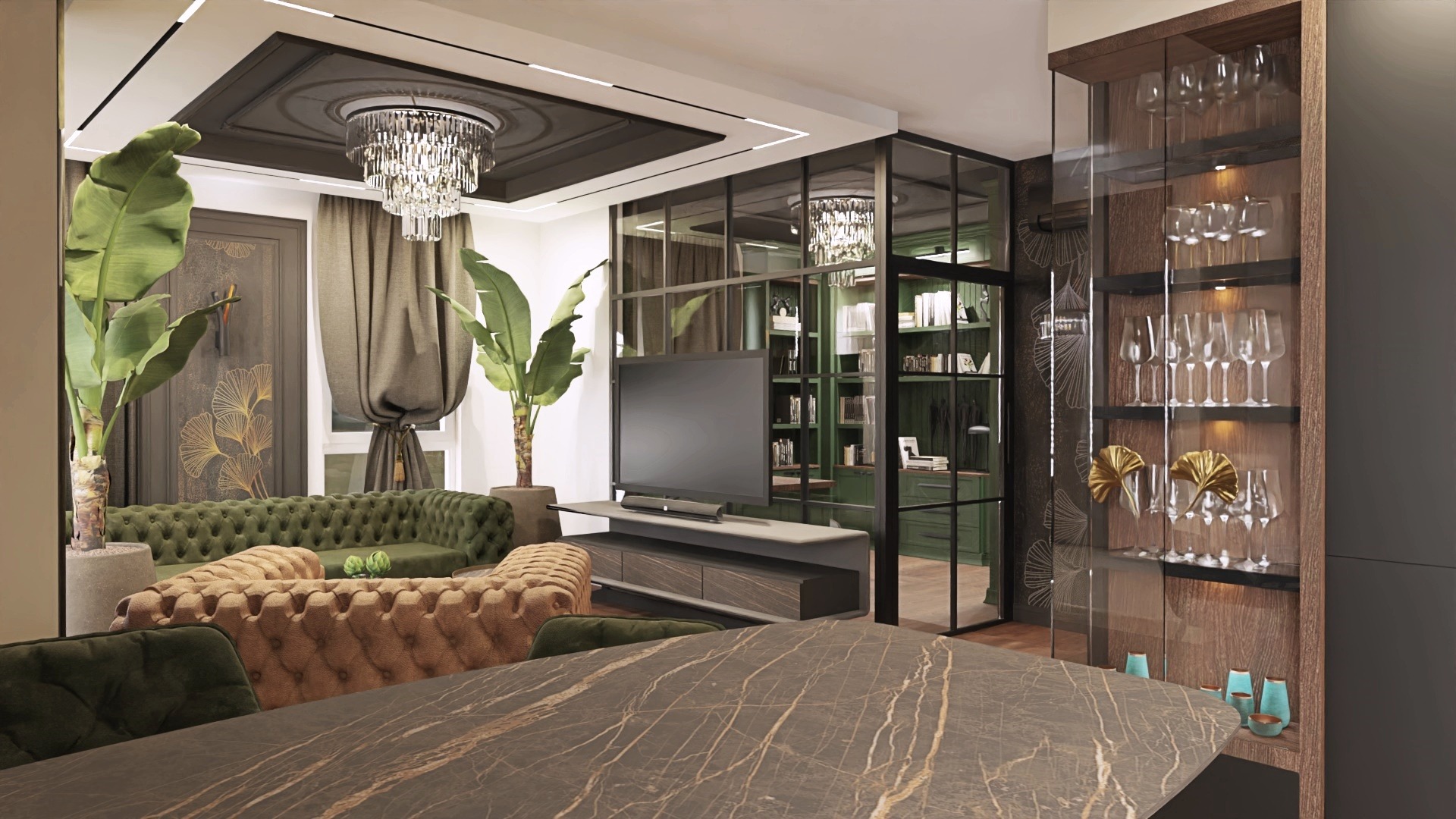 Elegancki salon z dwoma sofami Chesterfield w odcieniach zieleni i beżu, dużą marmurową wyspą, szklaną witryną z kieliszkami i roślinami w donicach, oświetlony kryształowym żyrandolem.