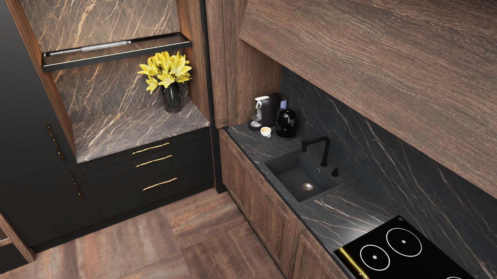 Wysoki kąt widzenia na nowoczesną kuchnię z czarnymi matowymi szafkami, blatem z marmuru w odcieniach szarości i brązu, złotymi uchwytami w kształcie gałęzi, czarnym zlewem, płytą indukcyjną...