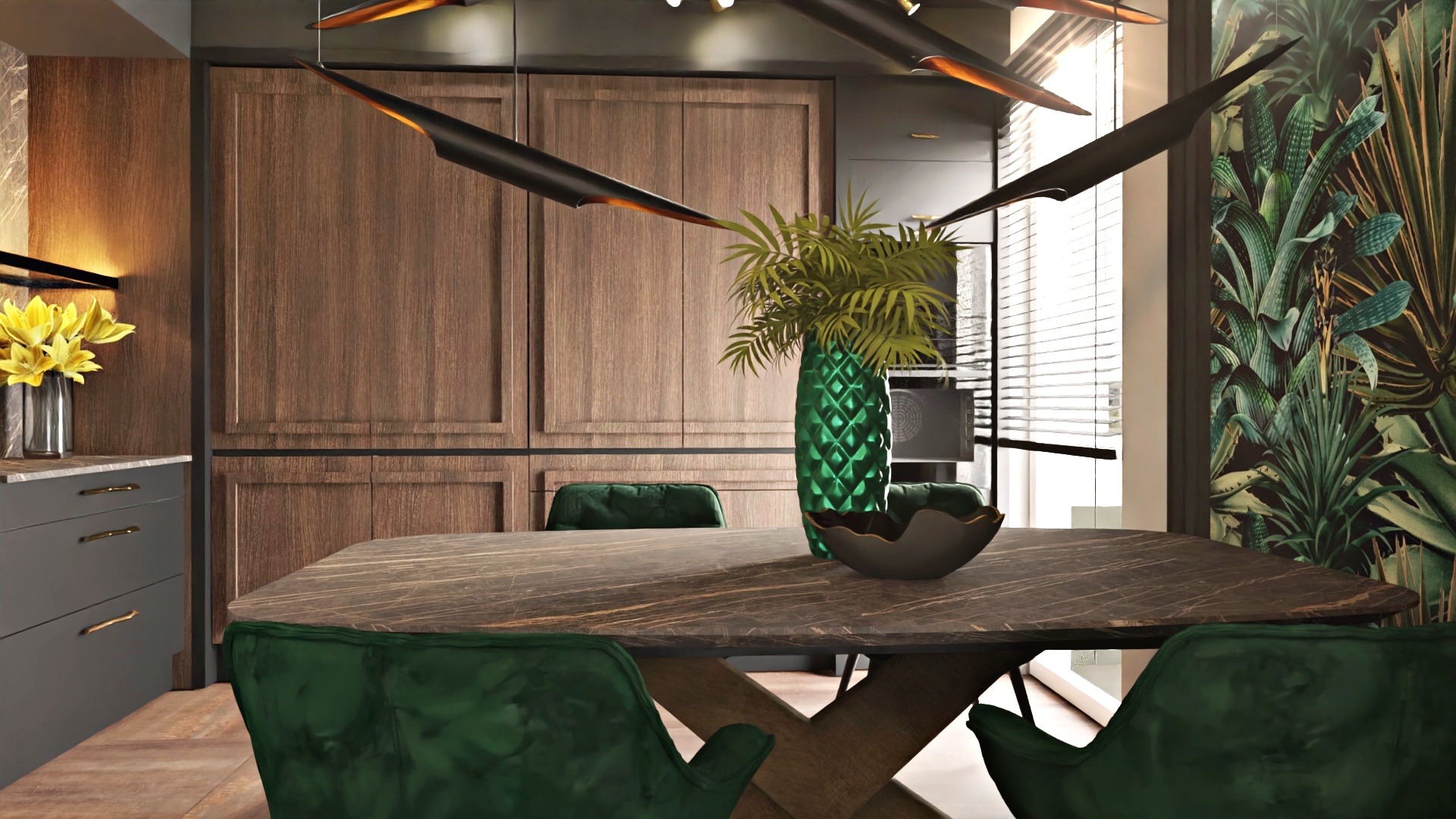 Jadalnia w stylu nowoczesnej elegancji: marmurowy stół, zielone krzesła z aksamitu, tropikalna tapeta, drewniane szafki i designerska lampa wisząca.