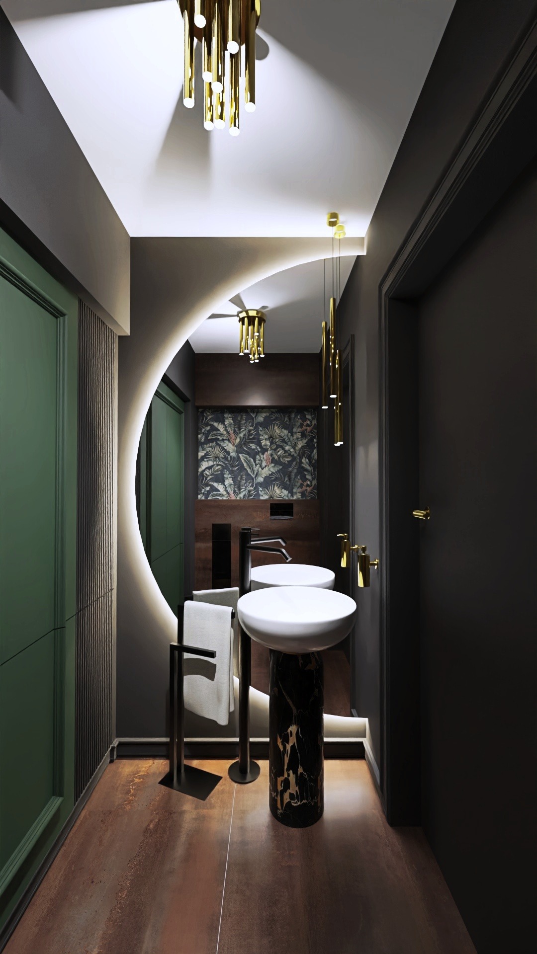 Nowoczesna łazienka z okrągłym lustrem podświetlanym LED, umywalką na postumencie z czarnego marmuru, złotymi lampami wiszącymi i tapetą w tropikalne liście w tle.