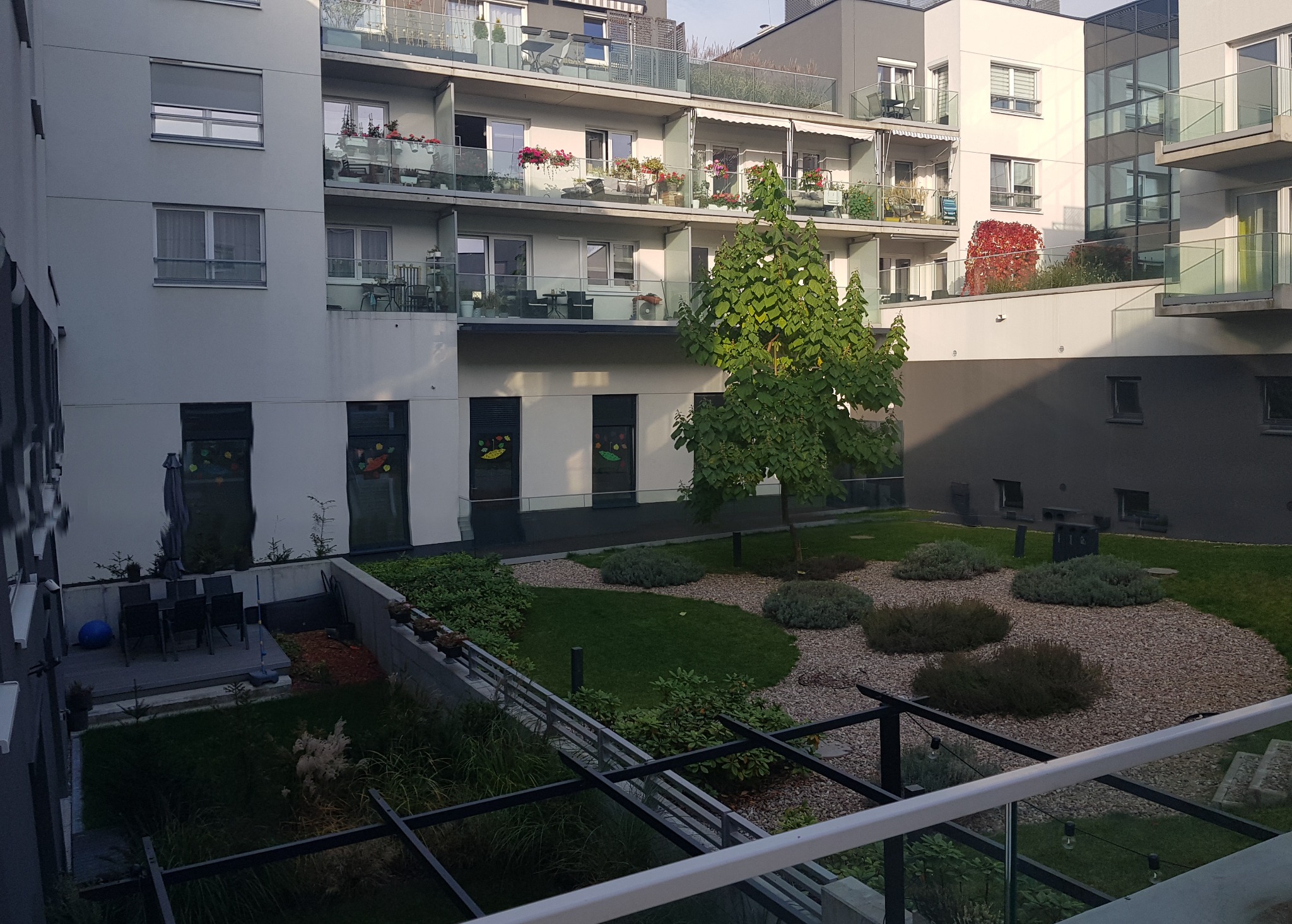 Wewnętrzny dziedziniec nowoczesnego budynku mieszkalnego z trawnikiem, krzewami i drzewem, widok z wyższego piętra przez metalową balustradę balkonu.