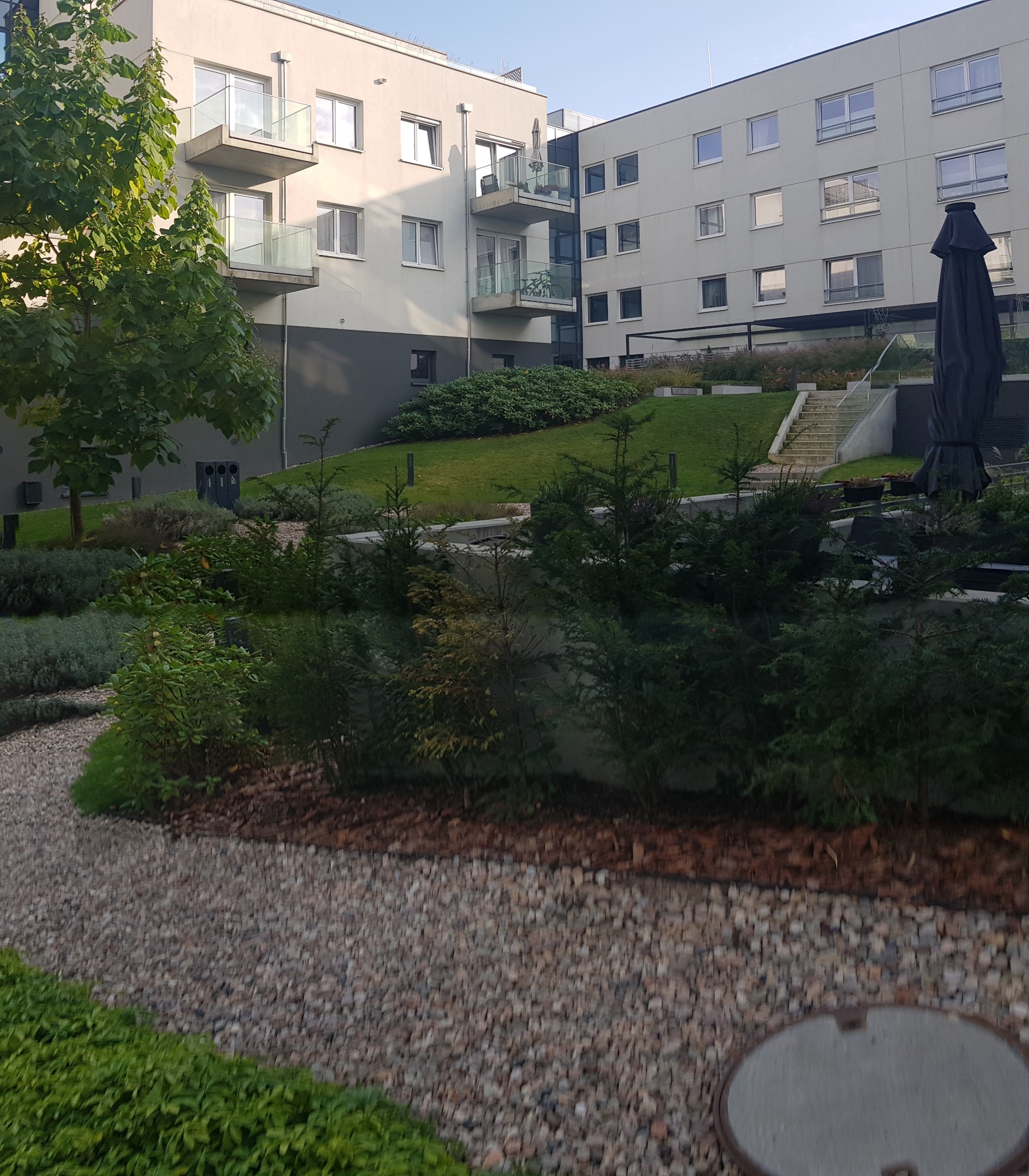 Widok na zadbany teren zielony z krzewami iglastymi i ścieżką z kamyków na tle nowoczesnego budynku mieszkalnego z balkonami.