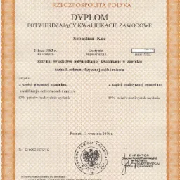 Skan dyplomu potwierdzającego kwalifikacje zawodowe technika ochrony fizycznej osób i mienia, wydany w Poznaniu w 2016 roku.