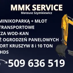 Grafika reklamowa firmy MMK Service z Mateuszem Szymkiewiczem, oferującej usługi minikoparką z młotem, transportowe, przyłącza wod-kan, montaż ogrodzeń panelowych, transport kruszyw oraz usługi HDS...