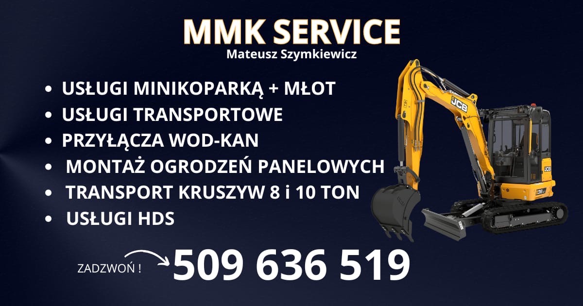 Grafika reklamowa firmy MMK Service z Mateuszem Szymkiewiczem, oferującej usługi minikoparką z młotem, transportowe, przyłącza wod-kan, montaż ogrodzeń panelowych, transport kruszyw oraz usługi HDS...