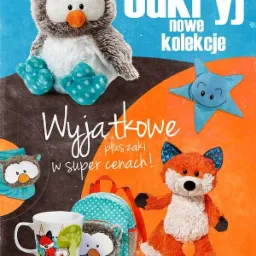 Plakat reklamowy marki NICI prezentujący pluszowe zabawki: sowę, lisa, gwiazdkę, kubek i plecak z motywami zwierzęcymi na tle w odcieniach brązu i pomarańczy.