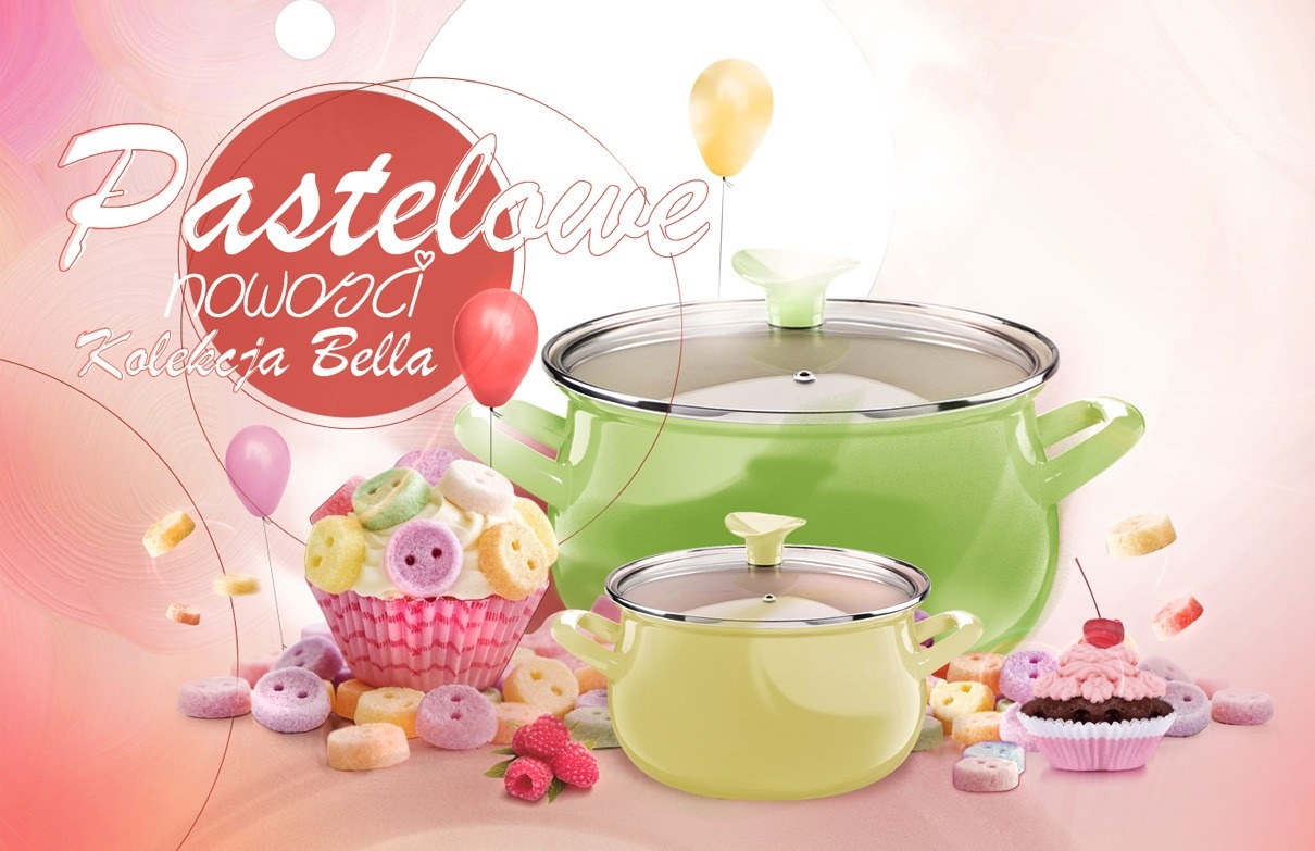 Promocyjne ujęcie pastelowych garnków z kolekcji Bella, otoczonych słodkościami i balonami, na jasnym, rozmytym tle.