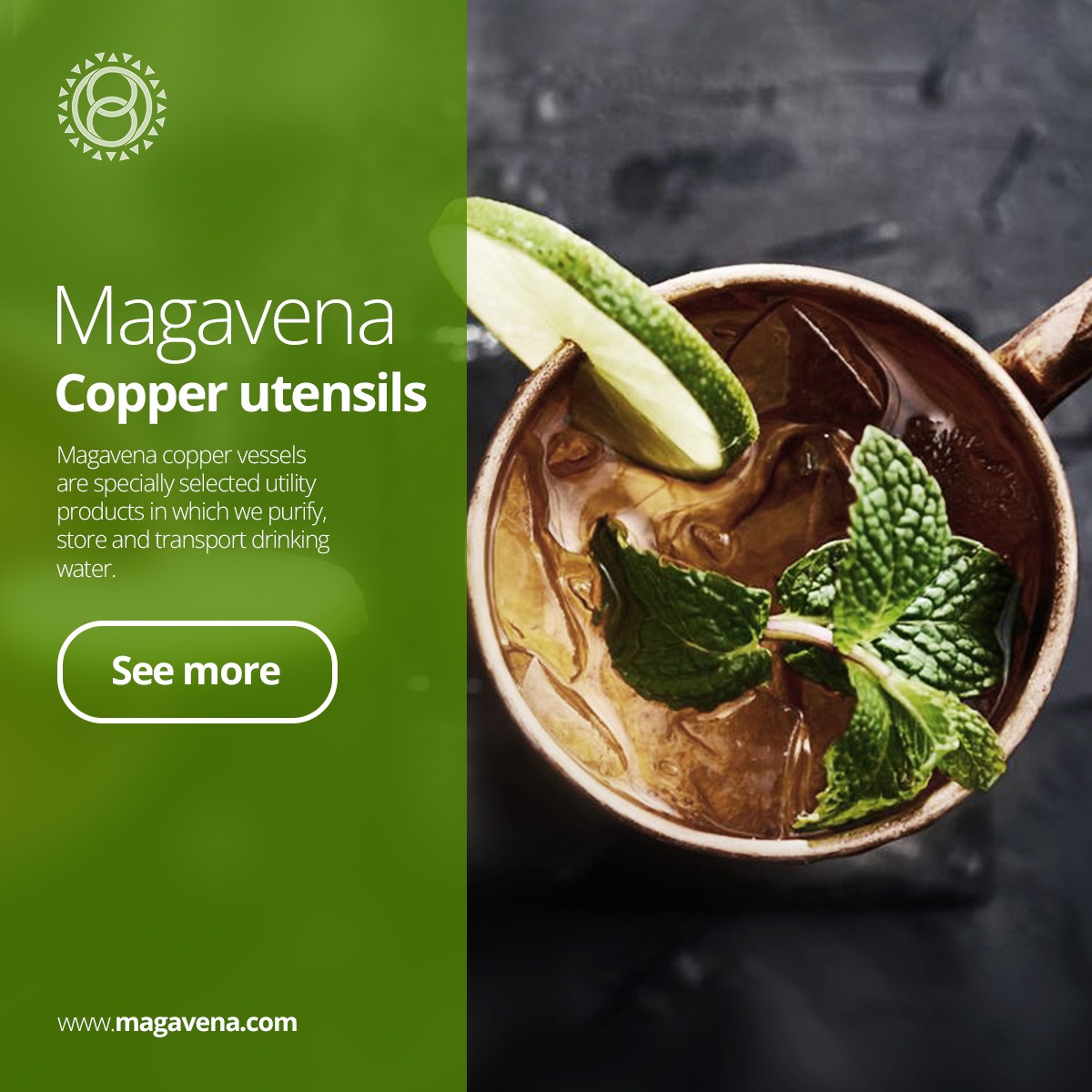 Reklama miedzianych naczyń Magavena: zbliżenie na miedziany kubek wypełniony napojem z lodem, limonką i miętą, na ciemnym tle, z logo i tekstem reklamowym po lewej stronie.