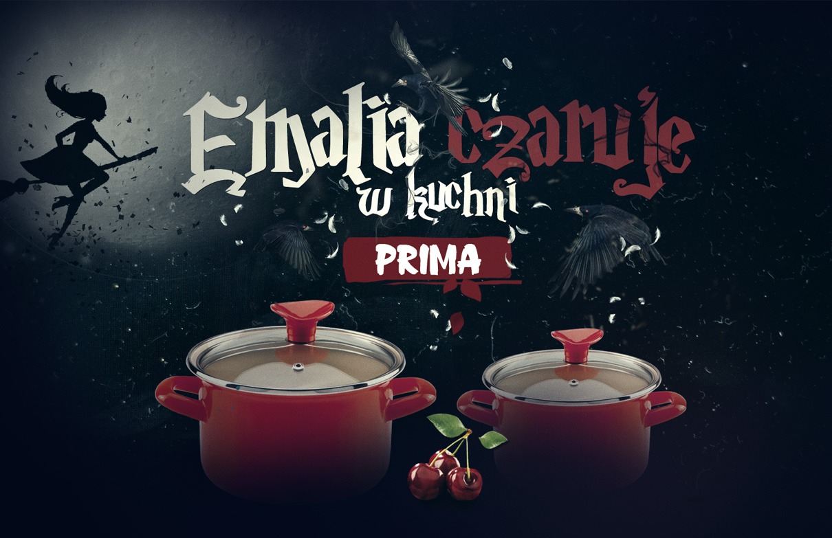 Ilustracja promocyjna garnków emaliowanych z motywem czarownicy na miotle, krukami i napisem 'Emalia czaruje w kuchni PRIMA' na ciemnym tle z efektem deszczu.