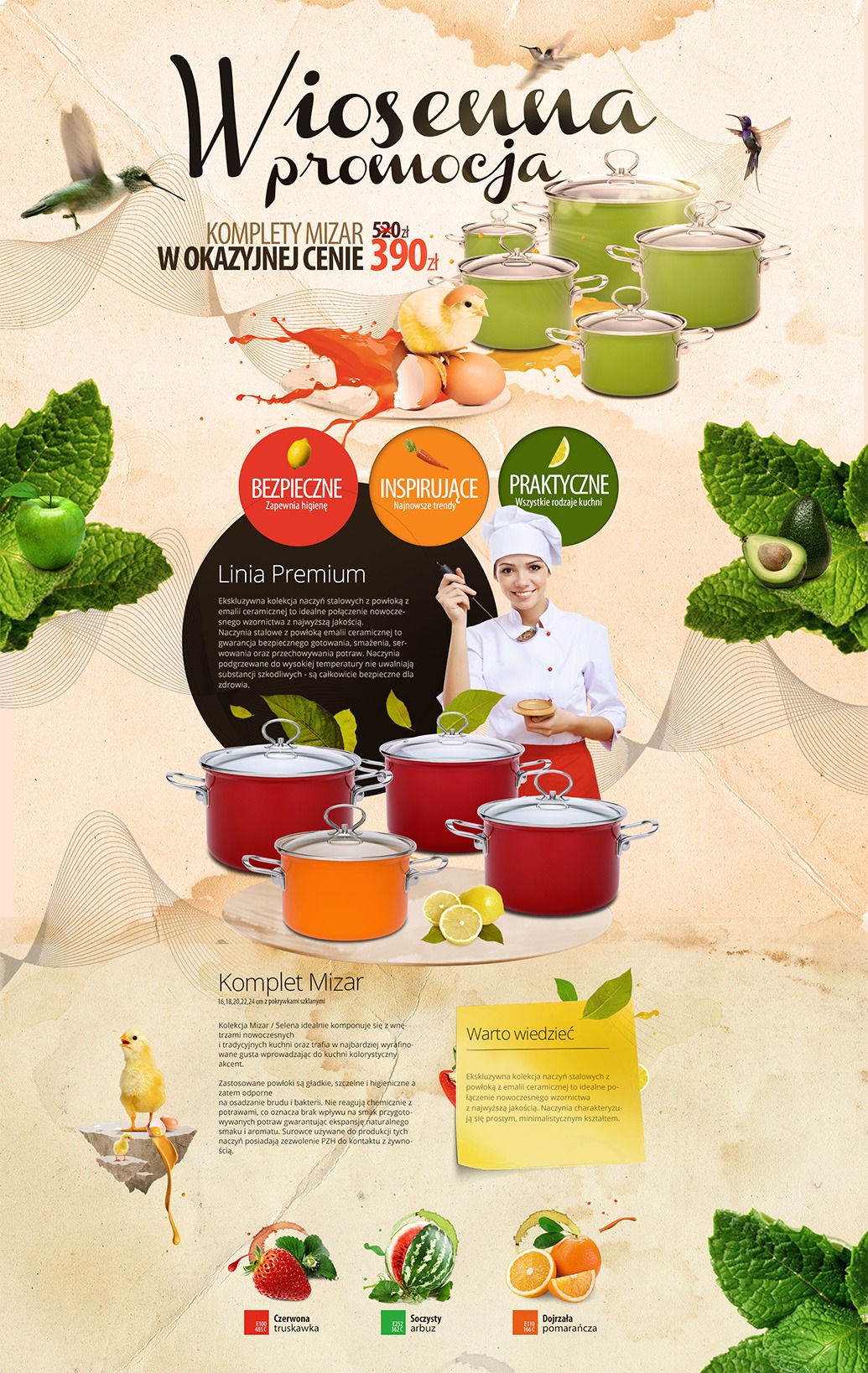 Reklama kompletu garnków Mizar z emalią ceramiczną, prezentująca zielone i czerwone naczynia, owoce, pisklę kury, oraz uśmiechniętą kucharkę, podkreślająca bezpieczeństwo, inspirację i praktyczność...