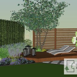 Ogrody Zamaro Urszula Zamaro-Baran - Wizualizacja ogrodu z drewnianym tarasem, leżakami, lampionami i zielenią. Projekt ogrodu z elementami nowoczesnej architektury krajobrazu.