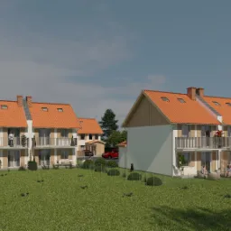 Wizualizacja osiedla domów dwulokalowych z czerwonymi dachami i balkonami, na zielonym trawniku, z widocznymi samochodami i postaciami ludzi w otoczeniu zieleni.