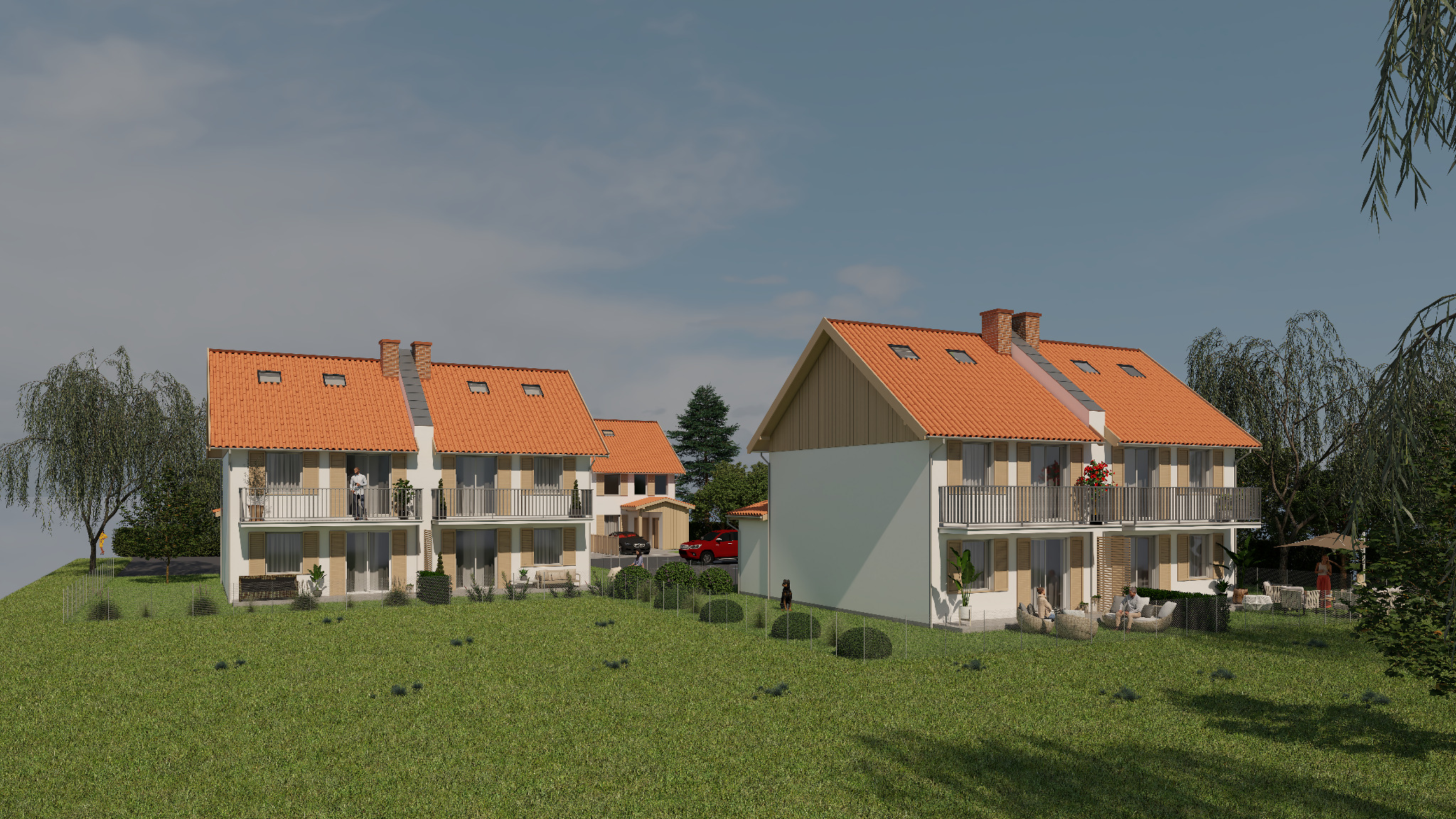 Wizualizacja osiedla domów dwulokalowych z czerwonymi dachami i balkonami, na zielonym trawniku, z widocznymi samochodami i postaciami ludzi w otoczeniu zieleni.
