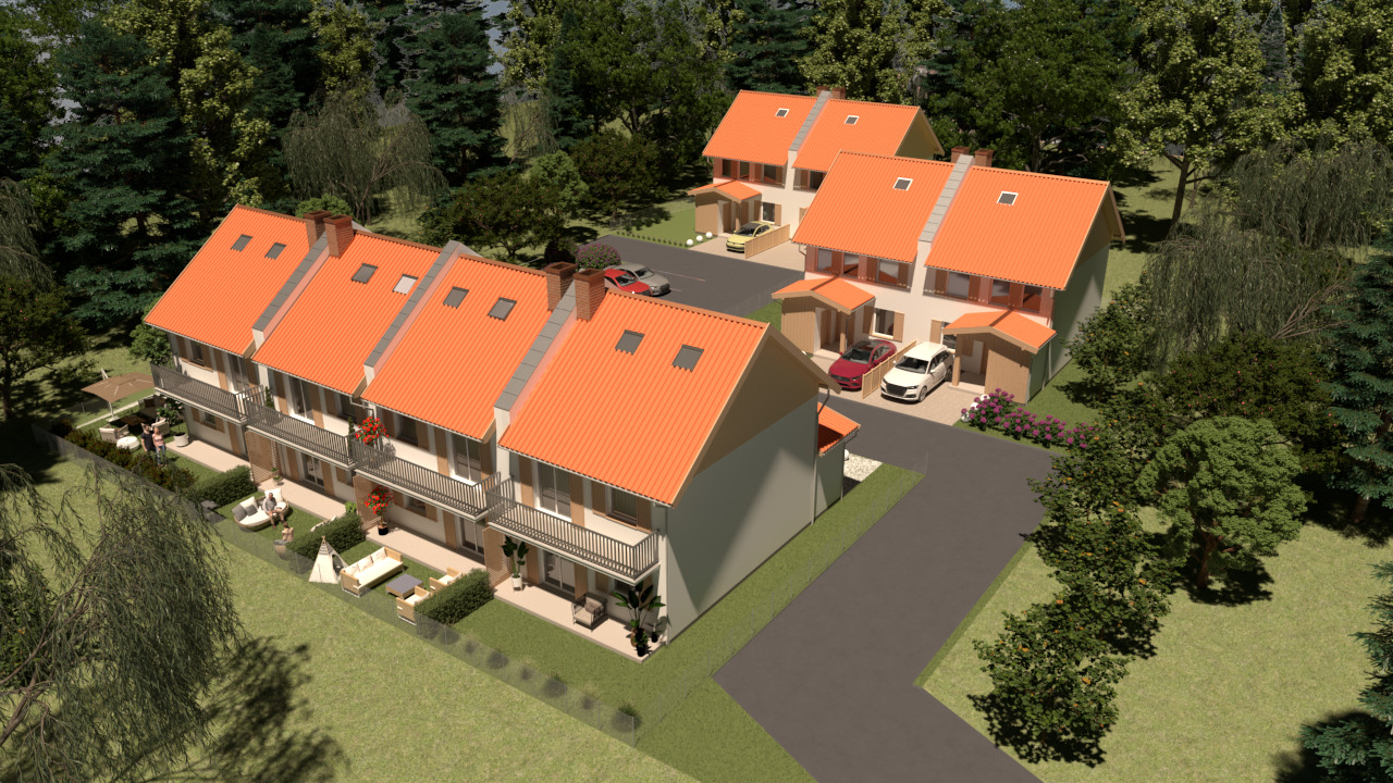 Wizualizacja osiedla domów szeregowych z pomarańczowymi dachami, widok z lotu ptaka, z elementami zagospodarowania terenu: meble ogrodowe, trawnik, drzewa, zaparkowane samochody.