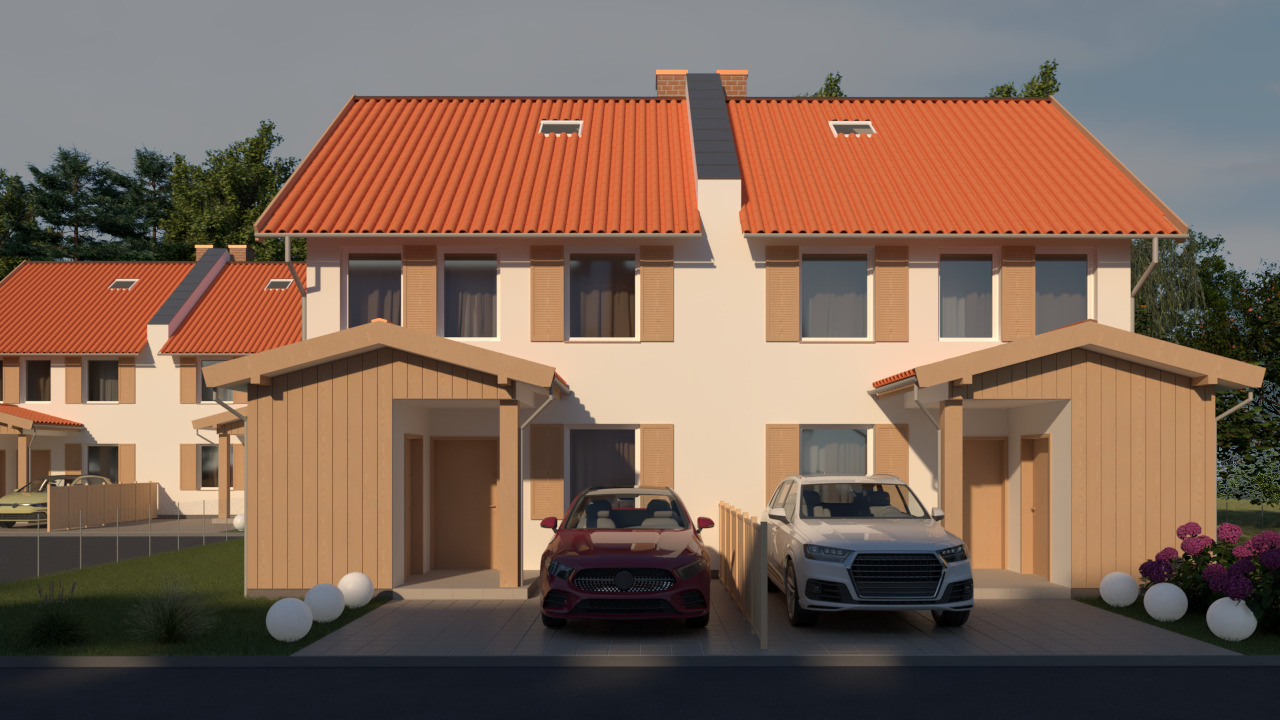 Wizualizacja szeregu dwukondygnacyjnych domów z garażami, czerwonymi dachówkami i beżowymi okiennicami, z zaparkowanymi samochodami osobowymi.