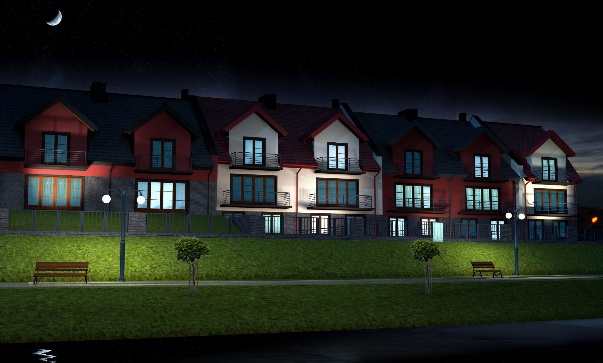 Nocny widok na szereg domów z balkonami, oświetlonych lampami ulicznymi, z widocznym księżycem w tle.