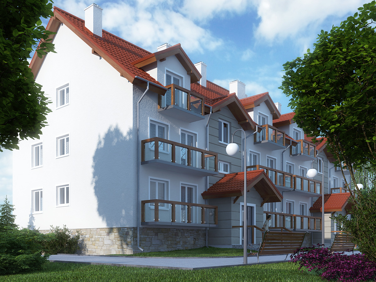 Wizualizacja budynku mieszkalnego wielorodzinnego z czerwonym dachem, balkonami z drewnianą balustradą i szklanymi panelami, oświetlonego popołudniowym słońcem, otoczonego zielenią i lampami...