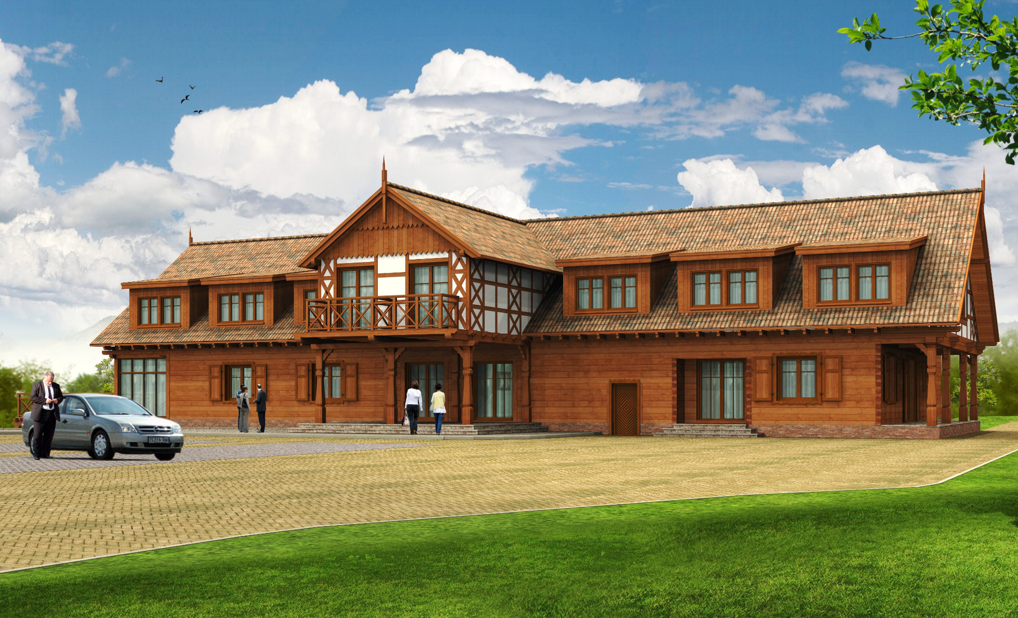 Wizualizacja dwukondygnacyjnego domu z drewna z balkonem, z dachem z dachówki ceramicznej, na tle błękitnego nieba z chmurami; przed domem na podjeździe stoją ludzie i srebrny samochód.