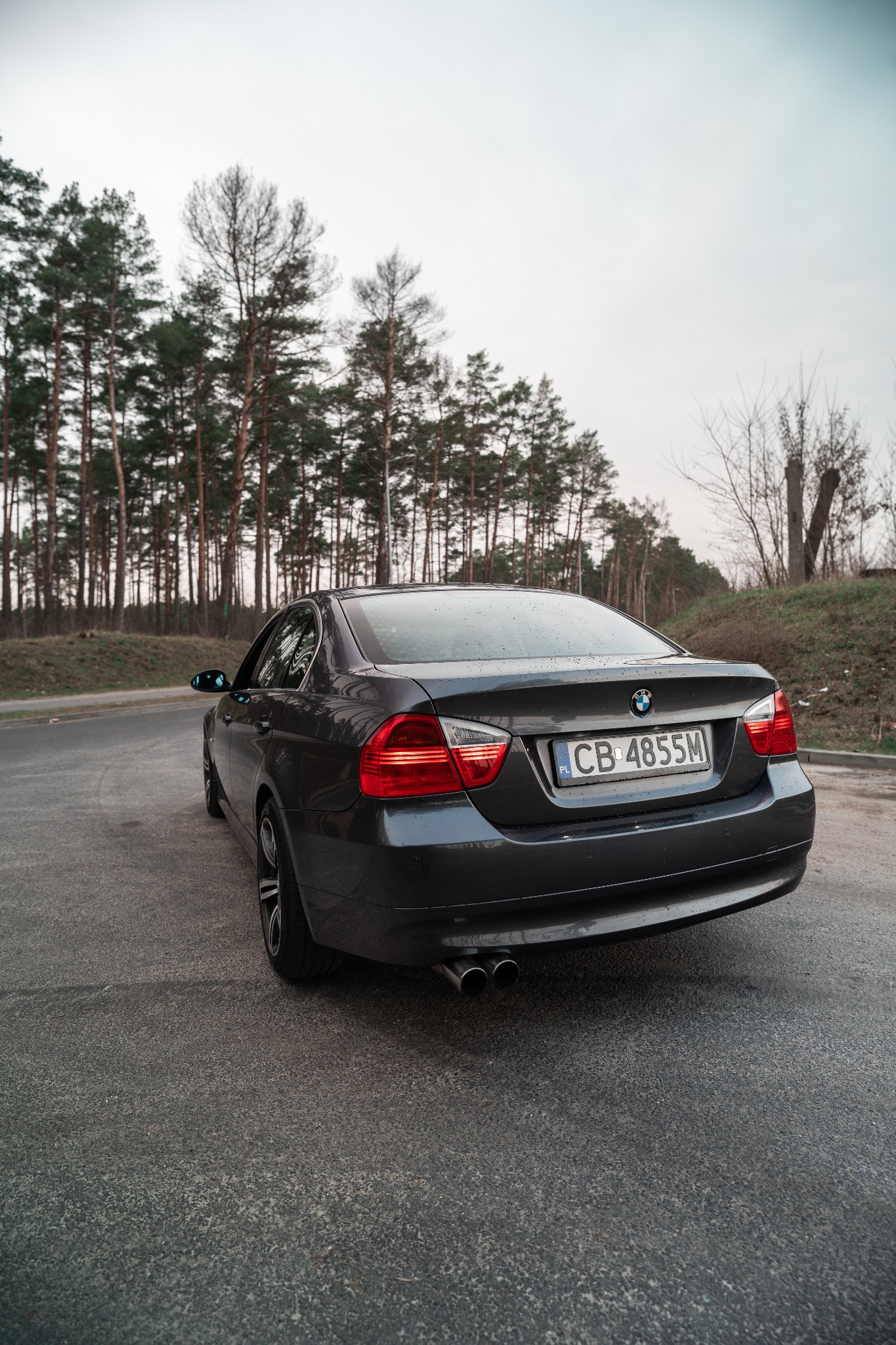 Szary samochód marki BMW, widziany z tyłu, zaparkowany na asfalcie z lasem w tle.