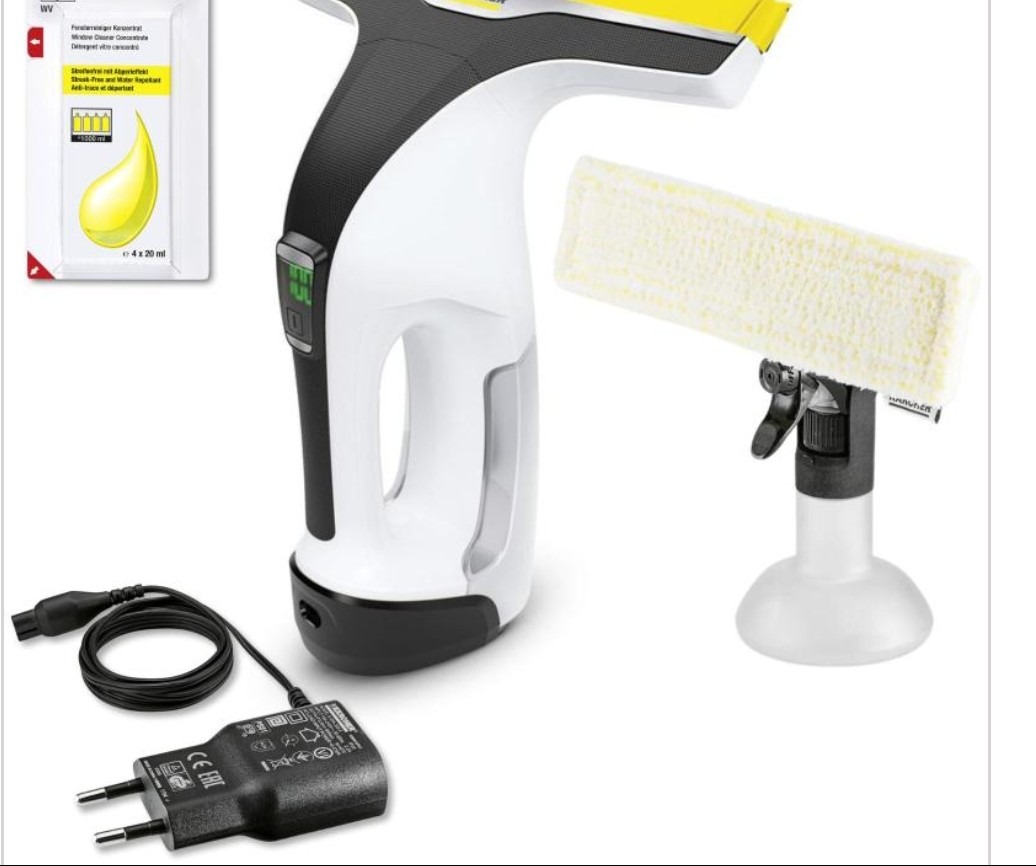 Zestaw do mycia okien Kärcher WV z butelką ze spryskiwaczem, padem z mikrofibry, koncentratem czyszczącym i ładowarką.