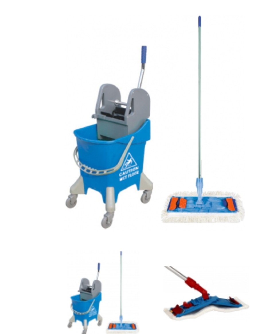 Zestaw do sprzątania podłóg: niebieskie wiadro z wyciskaczem i mop płaski z mikrofibry, ostrzeżenie 'Caution Wet Floor' na wiadrze.