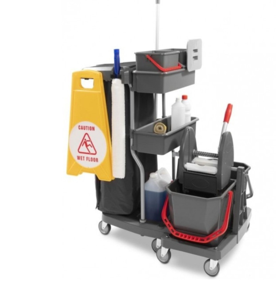 Wielofunkcyjny wózek do sprzątania z wyciskarką do mopa, pojemnikami na środki czystości i żółtym znakiem ostrzegawczym 'Caution Wet Floor'.
