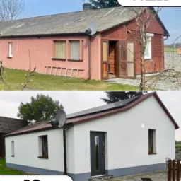 Porównanie domu przed i po instalacji paneli słonecznych na dachu; widoczne zmiany w elewacji, okna i drzwi.