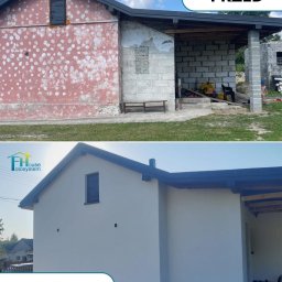 FOTOSYSTEM HOUSE - Porównanie stanu budynku przed i po termomodernizacji: od bladoróżowej, nierównej elewacji z widocznymi ubytkami do gładkiej, białej ściany z granatowymi akcentami.