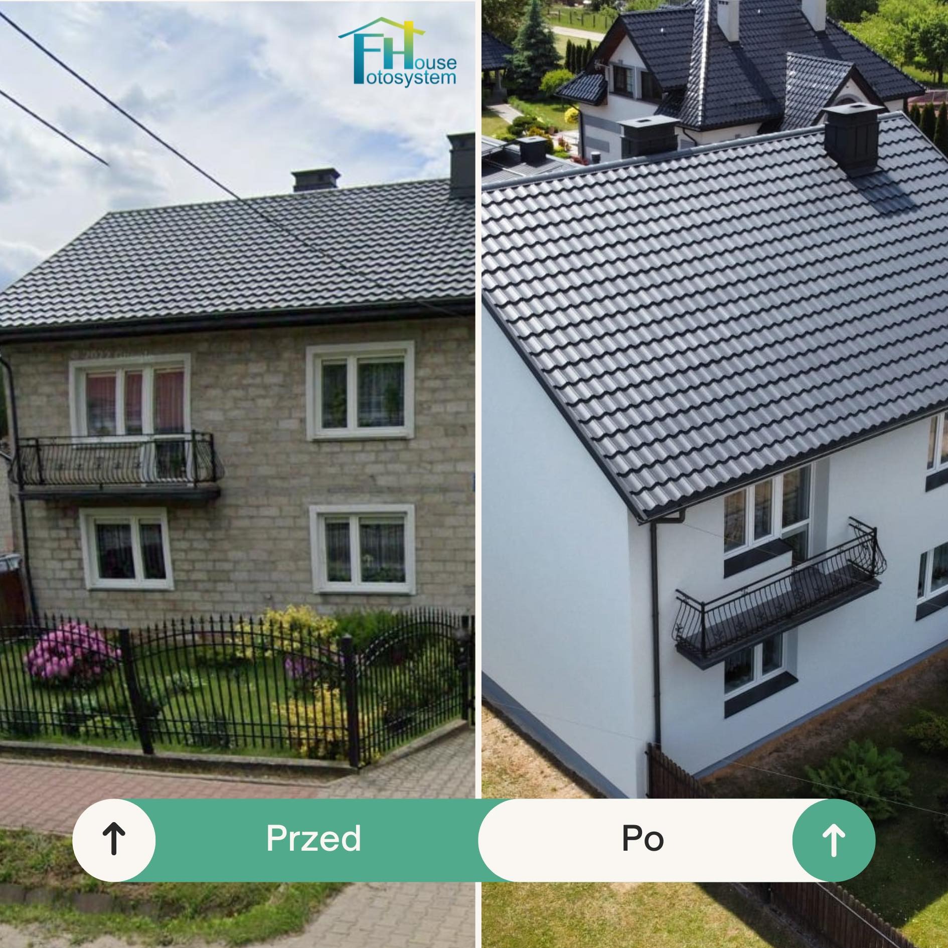Porównanie przed i po: remont elewacji i wymiana pokrycia dachowego na domu jednorodzinnym z balkonem.