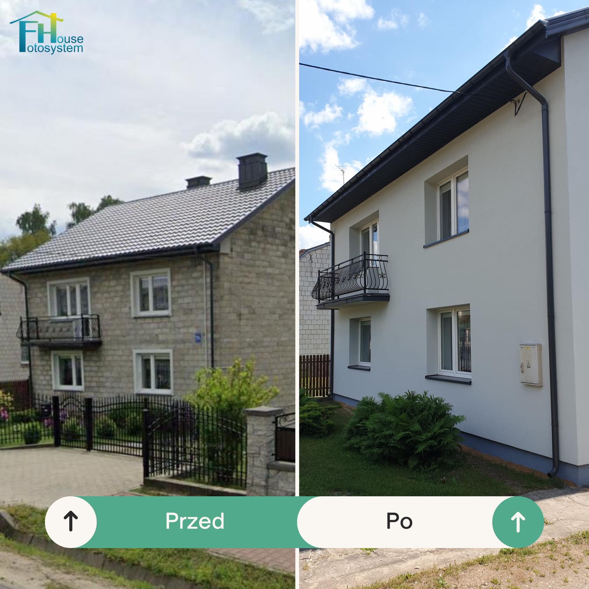 Porównanie elewacji domu przed i po remoncie: od szarej cegły do gładkiego, jasnoszarego tynku z czarnymi akcentami, nowa orynnowanie i odnowiony balkon.