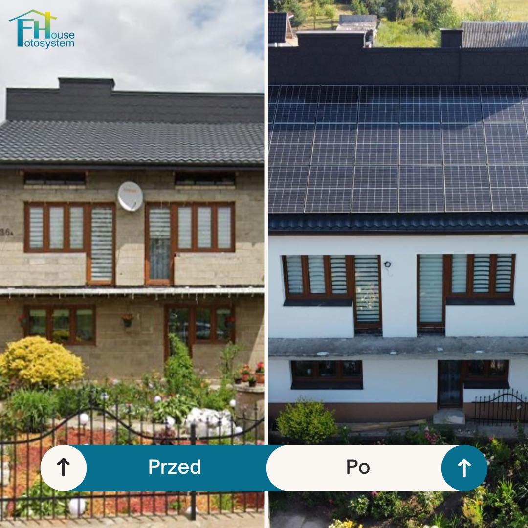 Porównanie domu przed i po instalacji paneli słonecznych na dachu, widoczne zmiany w elewacji i otoczeniu.