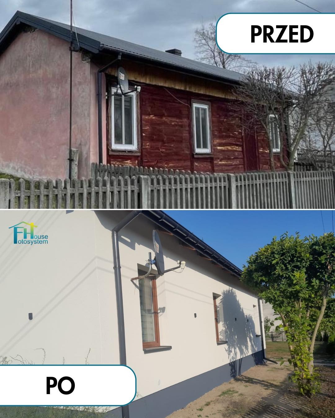 Renowacja elewacji domu: porównanie stanu przed i po, widoczne ocieplenie i nowa, jasna kolorystyka ścian, kontrastujące z ciemną podmurówką i orynnowaniem.