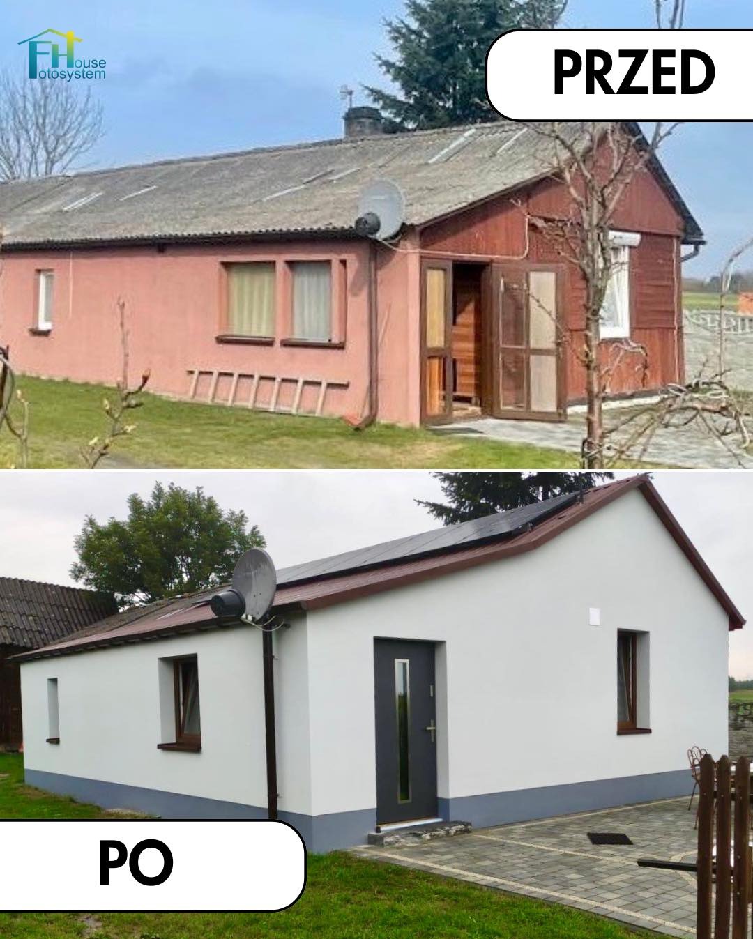 Porównanie domu przed i po instalacji paneli słonecznych na dachu; widoczne zmiany w elewacji, okna i drzwi.